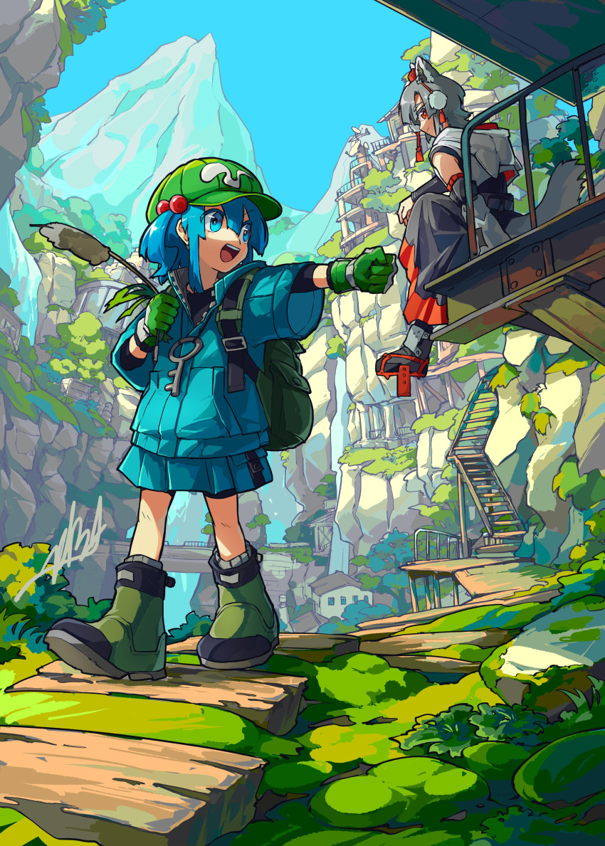 2girls absurdres adapted_costume animal_ear_hood animal_ears backpack bag black_skirt blue_eyes blue_hair blue_jacket blue_skirt boots building cattail day detached_sleeves doggo_1d34 gloves green_footwear green_gloves green_hat grey_hair hair_bobbles hair_ornament hat highres holding holding_plant hood hood_down inubashiri_momiji jacket kawashiro_nitori key medium_hair mountain multiple_girls nature open_mouth outdoors plant pom_pom_(clothes) railing red_eyes red_hat red_trim rock signature sitting skirt sleeveless smile standing tail textless_version tokin_hat touhou walking wolf_ears wolf_girl wolf_tail