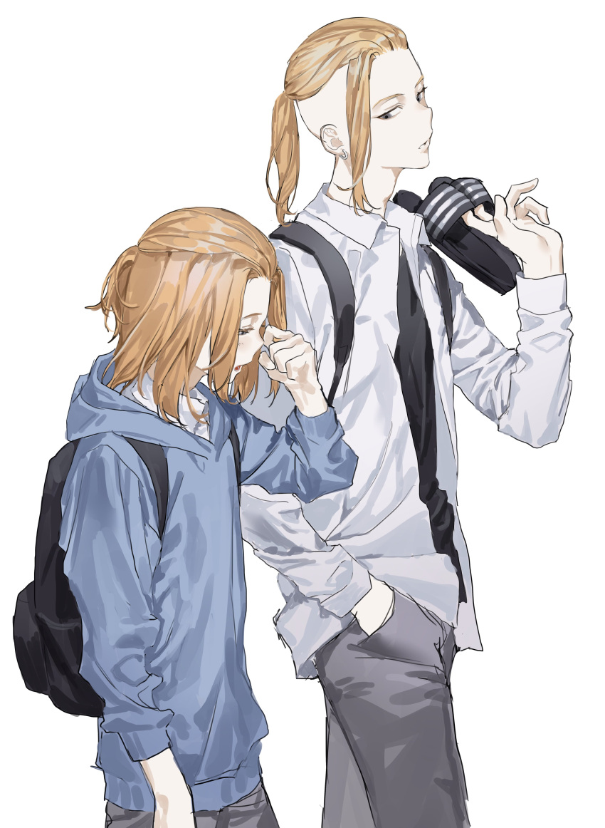 2boys absurdres bangs_pinned_back black_bag black_eyes black_shirt blonde_hair blue_hoodie chamuring collared_shirt ear_piercing from_side grey_pants hand_in_pocket hand_on_own_face head_down height_difference highres holding holding_shoes hood hoodie long_sleeves looking_at_another looking_down male_focus medium_hair multiple_boys pants parted_lips piercing ryuuguuji_ken sano_manjirou school_uniform shirt shoes short_ponytail simple_background single_sidelock slippers tokyo_revengers undercut upper_body walking white_shirt yawning