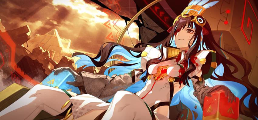 1girl black_hair blood blood_on_clothes blood_on_face blue_hair breasts colored_inner_hair eyeliner fate/grand_order fate_(series) game_cg grey_eyes hat jewelry long_hair makeup multicolored_hair official_art saitou_hiroki sidelocks solo tenochtitlan_(fate) tenochtitlan_(third_ascension)_(fate)