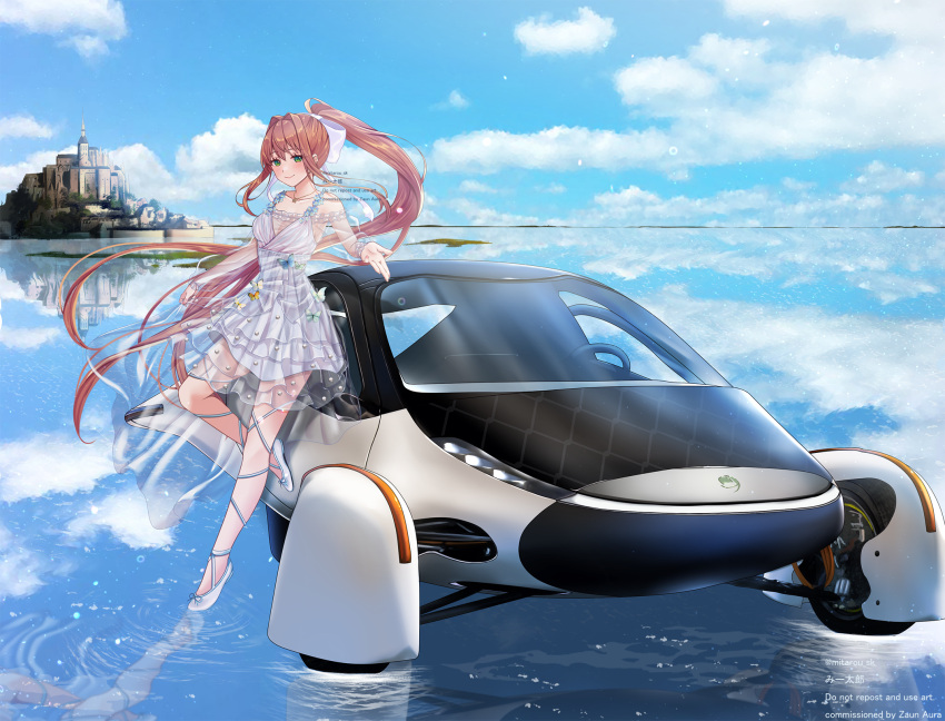 1girl alternate_costume blue_sky brown_hair car castle clouds commission doki_doki_literature_club dress green_eyes highres lake looking_at_viewer mi_tarou0412 monika_(doki_doki_literature_club) motor_vehicle pixiv_commission ponytail reflection reflective_water sky smile solo water white_dress