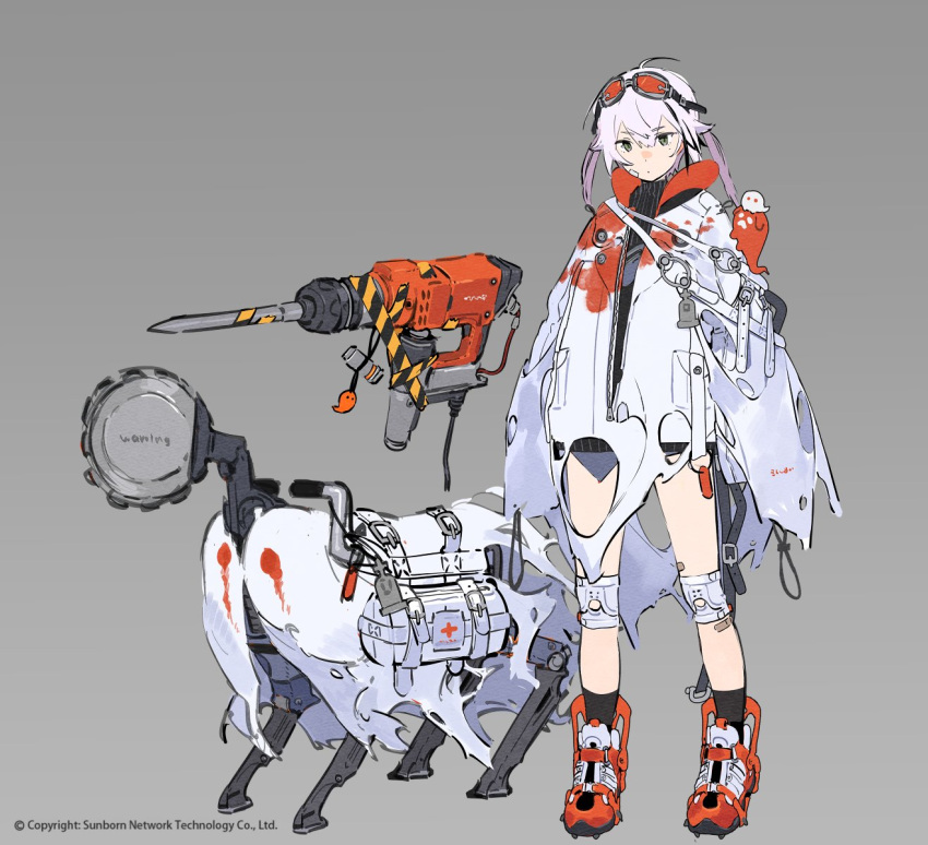 ahoge bandage_on_face bandages black_shirt blood blood_on_clothes buckle capelet cascadia_(neural_cloud) charm_(object) circular_saw first_aid_kit ghost girls'_frontline_neural_cloud goggles goggles_on_head green_eyes grey_background highres ierotak jackhammer knee_pads low_twintails mole mole_under_eye non-humanoid_robot official_art orange_footwear orange_goggles pink_hair robot saw shirt simple_background strap torn_capelet torn_clothes twintails zipper