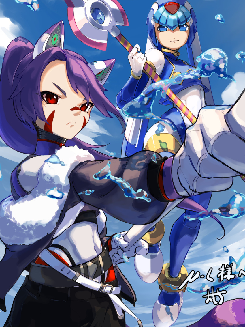 2girls absurdres animal_ears armor black_pants blue_armor blue_eyes blue_footwear blue_helmet blue_shirt blue_sky bodysuit boots cat_ears clouds commission covered_navel cowboy_shot crop_top facial_mark fairy_leviathan_(mega_man) forehead_jewel fur_trim high_ponytail highres holding holding_polearm holding_weapon long_hair mega_man_(series) mega_man_zero_(series) multiple_girls off_shoulder omochi_(mochi_skymega) original pants polearm purple_hair red_eyes shirt skeb_commission sky spear thigh_boots water water_drop weapon white_bodysuit