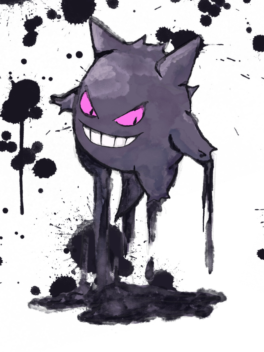 black_eyes boku_(pixiv_32390460) colored_sclera commentary_request dripping floating full_body gengar grin happy highres looking_down no_humans partial_commentary pink_sclera pokemon pokemon_(creature) puddle smile solo splatter_background teeth white_background