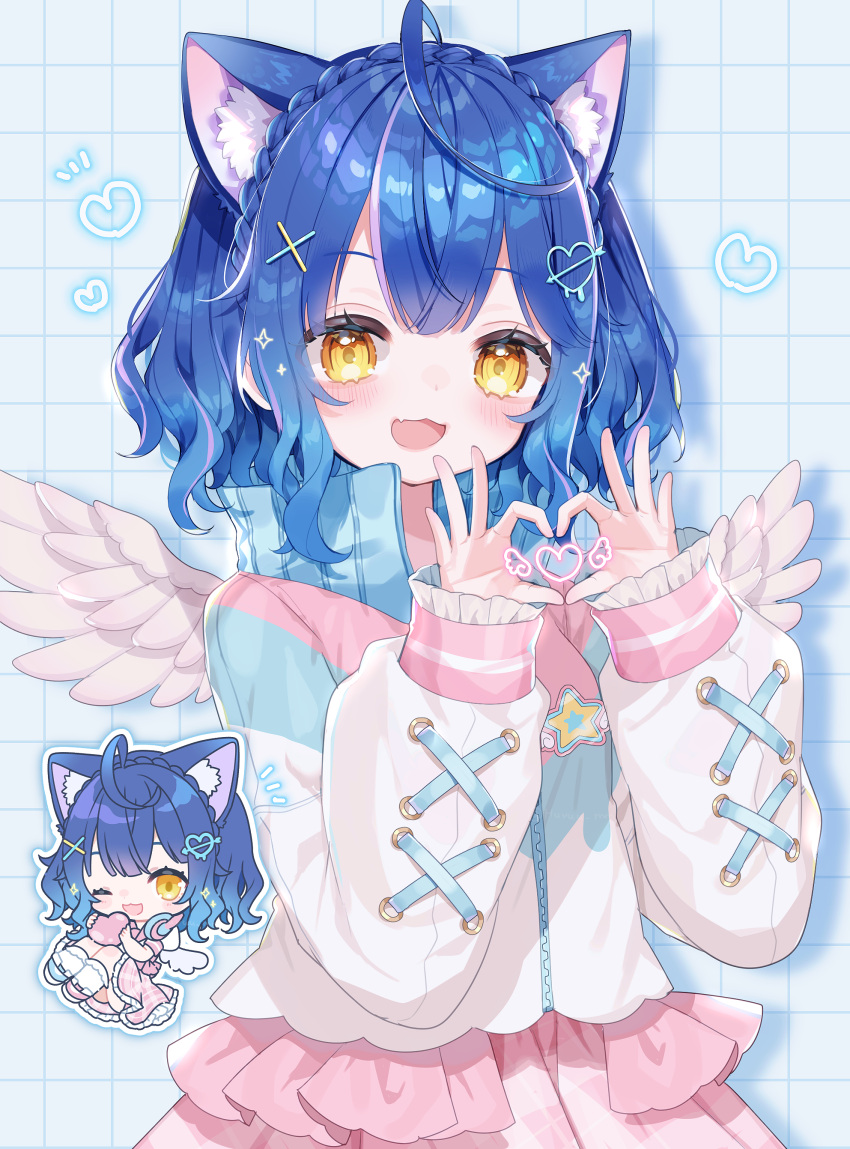 1girl :d absurdres ahoge amamiya_kokoro animal_ear_fluff animal_ears blue_background blue_hair blue_jacket blush braid cat_ears chibi chibi_inset commentary extra_ears fang feathered_wings fuinagi_(huyuu_mm) grid_background hair_ornament hands_up heart heart_hair_ornament heart_hands highres holding holding_heart jacket long_sleeves looking_at_viewer multicolored_clothes multicolored_jacket nijisanji open_mouth pink_jacket pink_skirt sidelocks simple_background skin_fang skirt smile star_(symbol) symbol-only_commentary upper_body virtual_youtuber white_jacket white_wings wings x_hair_ornament yellow_eyes zipper