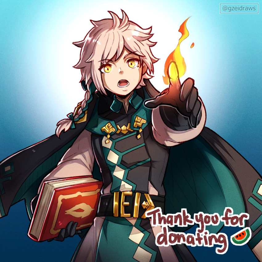 1boy artist_name belt black_cape black_robe blue_background blurry blurry_background book braid cape casting_spell clanne_(fire_emblem) english_commentary eyelashes fire fire_emblem fire_emblem_engage food fruit green_cape green_robe grey_hair gzei highres holding holding_book israel-hamas_war long_hair male_focus multicolored_robe open_mouth robe teeth thank_you twitter_username two-sided_cape two-sided_fabric two-tone_cape watermelon white_robe yellow_eyes