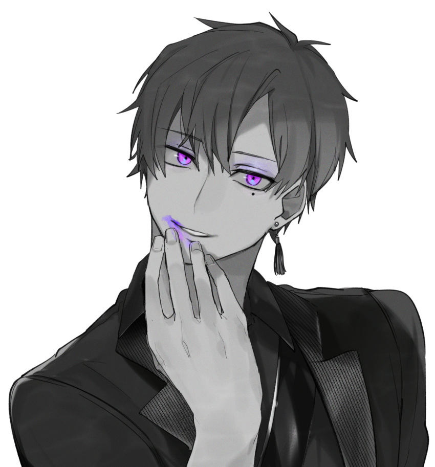 1boy collared_shirt earrings eyeshadow greyscale hand_to_own_mouth hand_up hassan_(sink916) head_tilt highres jacket jewelry lapels lipstick long_sleeves looking_at_viewer makeup male_focus mole mole_under_eye monochrome notched_lapels official_art open_clothes open_jacket parted_lips purple_eyeshadow purple_lips shima_(utaite) shirt short_hair simple_background single_earring smeared_lipstick smile solo spot_color swept_bangs tassel tassel_earrings upper_body urashimasakatasen utaite violet_eyes white_background