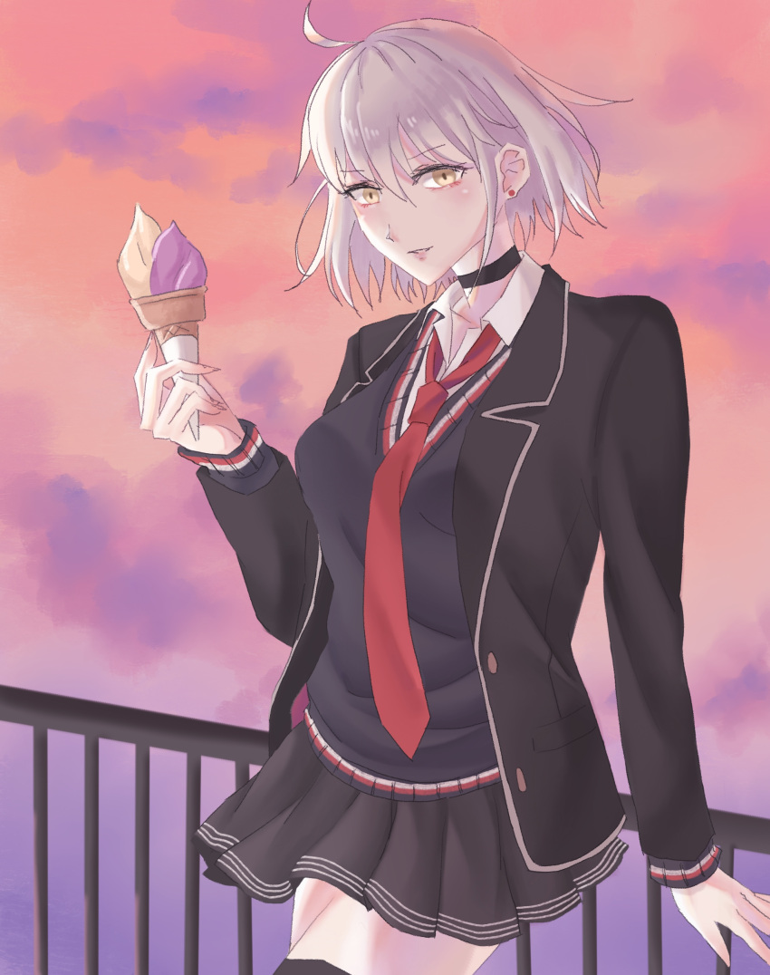 1girl absurdres ahoge black_choker breasts choker collared_shirt fate/grand_order fate_(series) food grey_hair highres holding ice_cream jacket jeanne_d'arc_alter_(avenger)_(fate) jeanne_d'arc_alter_(fate) large_breasts looking_at_viewer necktie official_alternate_costume rinnel11 shirt short_hair skirt smile solo sweater thigh-highs uniform yellow_eyes