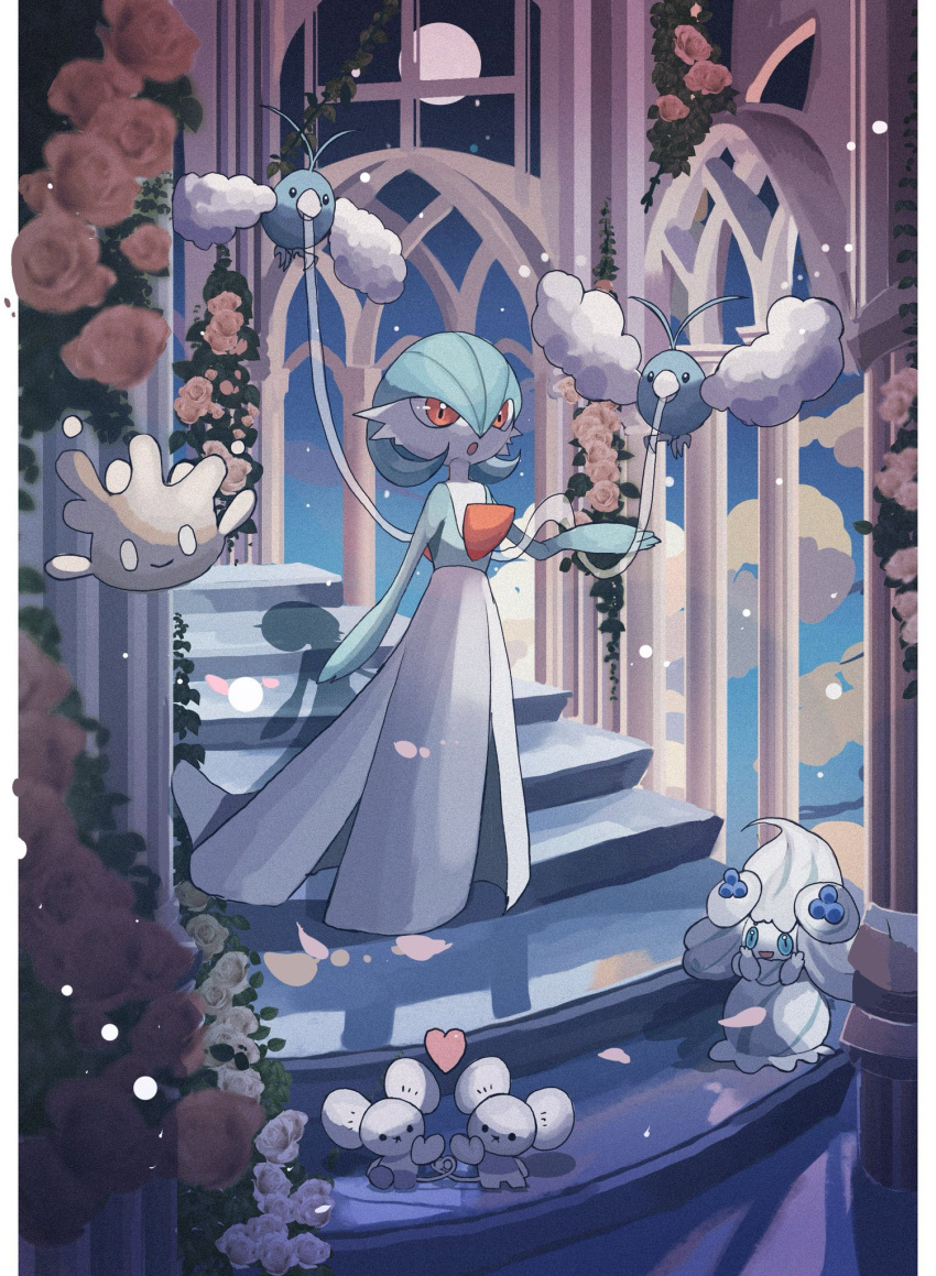 :o alcremie alcremie_(berry_sweet) alternate_color blue_hair blue_sky clouds dress flower flying gardevoir heart highres milcery moon open_mouth pink_flower pink_rose pokemon pokemon_(creature) red_eyes reo_(mmocc123) rose shiny_pokemon sky stairs swablu tandemaus