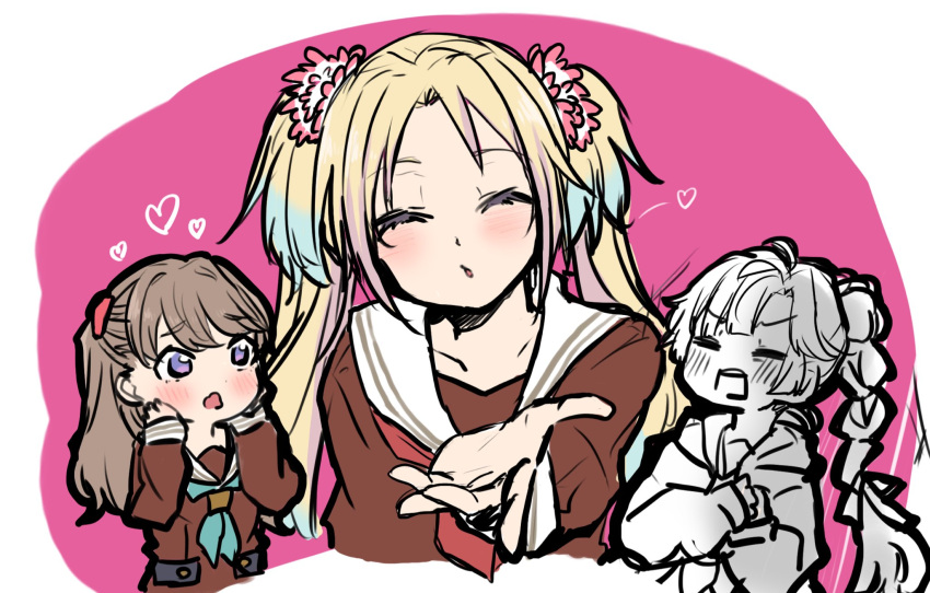 3girls :o =_= ^_^ anyoji_hime aqua_neckerchief blonde_hair blowing_kiss blue_hair blunt_bangs blush border brown_dress brown_hair closed_eyes collarbone dress flower fujishima_megumi gradient_hair hair_flower hair_ornament hair_ribbon hands_on_own_cheeks hands_on_own_face hasu_no_sora_school_uniform heart highres jacket kouhou_ato light_blue_hair link!_like!_love_live! long_hair long_sleeves love_live! mira-cra_park! multi-tied_hair multicolored_hair multiple_girls neckerchief open_clothes open_jacket osawa_rurino parted_bangs partially_colored pink_background pink_flower ponytail red_neckerchief ribbon sailor_collar sailor_dress school_uniform so_moe_i'm_gonna_die! swept_bangs teeth twintails two_side_up upper_teeth_only v-shaped_eyebrows very_long_hair violet_eyes virtual_youtuber wavy_mouth white_border white_sailor_collar winter_uniform