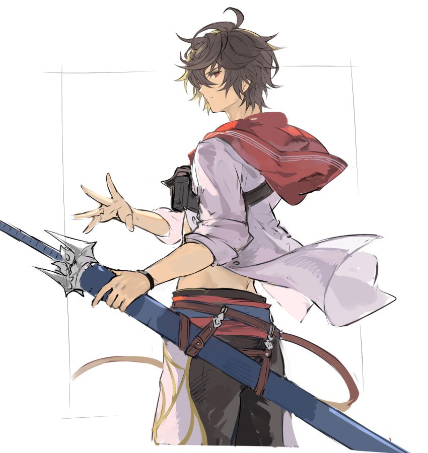 1boy ahoge belt bishounen brown_belt brown_hair commentary commentary_request cowboy_shot expressionless fanny_pack floating_clothes from_side granblue_fantasy hair_between_eyes highres holding holding_sword holding_weapon hood hood_down jacket light_frown looking_at_viewer male_focus male_swimwear messy_hair osamu_(jagabata) parted_lips red_eyes sandalphon_(granblue_fantasy) scabbard sheath short_hair simple_background sketch solo_focus summer swim_trunks sword weapon white_background white_jacket