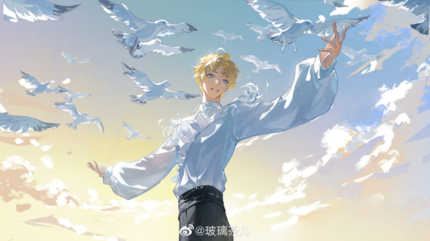 1boy absurdres bird black_pants blonde_hair blue_eyes blue_sky bolichar clouds cowboy_shot curtained_hair dove ear_chain frilled_shirt frills gradient_sky grin highres long_sleeves looking_at_viewer love_and_producer male_focus outstretched_arms pants parted_bangs puffy_long_sleeves puffy_sleeves shirt shirt_tucked_in short_hair sky smile solo spread_arms standing sunrise weibo_logo weibo_watermark white_shirt yellow_sky zhou_quiluo