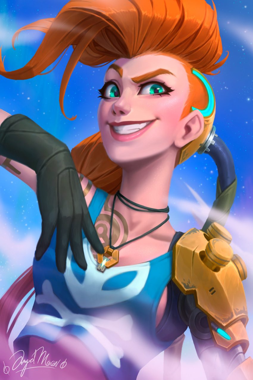 1girl absurdres angelmoonlight arm_tattoo black_gloves blue_shirt breasts cable chest_tattoo day gloves green_eyes grin hand_up highres jinx_(league_of_legends) league_of_legends long_hair mechanical_arms medium_breasts odyssey_jinx official_alternate_costume orange_hair outdoors redhead shirt single_mechanical_arm skull_print smile tattoo teeth