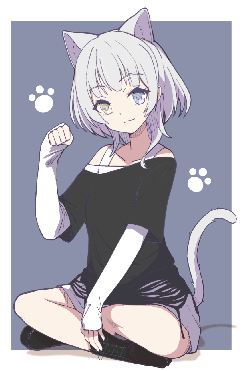 1girl animal_ears bang_dream! bang_dream!_it's_mygo!!!!! black_footwear black_shirt blue_bow blue_eyes border bow cat_ears cat_girl cat_tail chinese_commentary closed_mouth collarbone commentary_request heterochromia highres kaname_raana kemonomimi_mode layered_sleeves long_sleeves looking_at_viewer medium_hair off_shoulder paw_print paw_print_background shadow shirt short_over_long_sleeves short_sleeves sitting sleeves_past_wrists solo tail white_border white_hair white_shirt wolf_cut yellow_eyes zhong_xiansheng