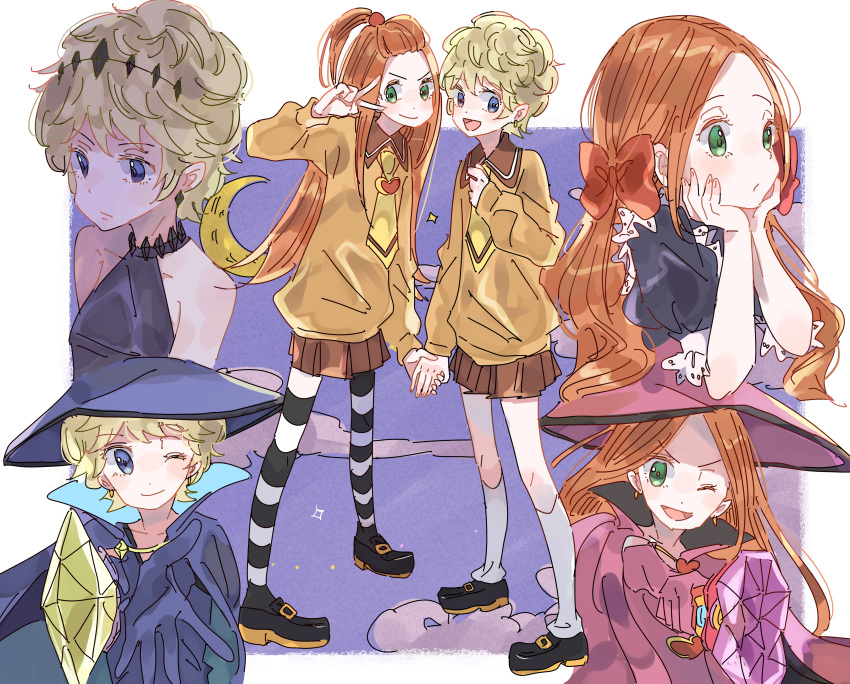 2girls absurdres black_pajamas black_thighhighs blonde_hair blue_eyes bow cape chocolat_meilleure clouds commentary crown dress earrings full_body gloves green_eyes hair_bow hands_on_own_cheeks hands_on_own_face heart_pendant highres holding holding_wand jewelry kneehighs long_hair long_sleeves looking_ahead looking_at_viewer mizu_(akimidu) multiple_girls multiple_views necktie one_eye_closed orange_hair pajamas pink_cape pink_gloves pink_hat puffy_sleeves purple_cape purple_gloves purple_hat purple_sky red_bow school_uniform shoes short_hair sidelocks skirt sky smile socks striped_clothes striped_thighhighs sugar_sugar_rune thigh-highs turtleneck turtleneck_dress twintails two-tone_thighhighs v vanilla_mieux wand white_thighhighs witch yellow_necktie