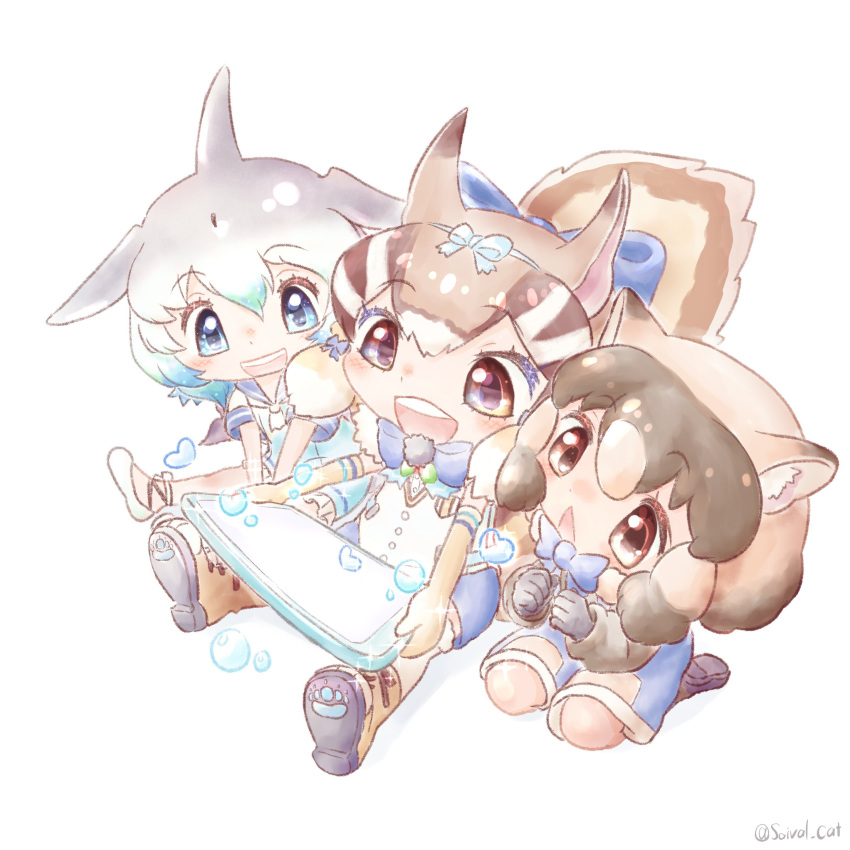 3girls absurdres animal_ears blue_eyes boots brown_eyes brown_hair cellphone cetacean_tail chipmunk_ears chipmunk_girl chipmunk_tail common_bottlenose_dolphin_(kemono_friends) common_wombat_(kemono_friends) dolphin_girl dress elbow_gloves extra_ears fins fish_tail gloves grey_hair head_fins highres kemono_friends kemono_friends_3 kemono_friends_v_project microphone multiple_girls necktie overalls phone sailor_collar sailor_dress saival_cat shirt shoes short_hair shorts siberian_chipmunk_(kemono_friends) simple_background sleeveless sleeveless_shirt smartphone tail thigh-highs vest virtual_youtuber