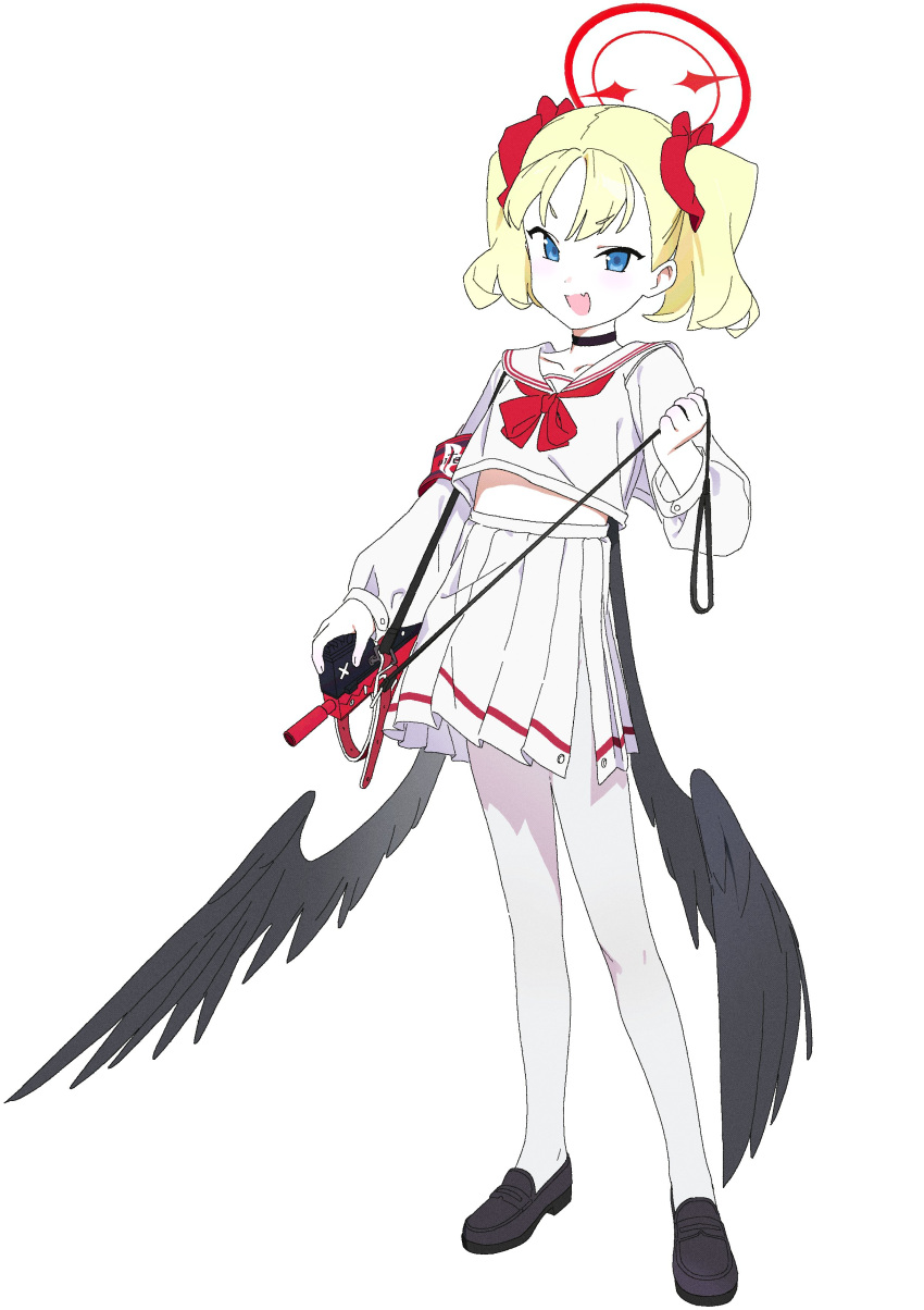1girl absurdres armband black_choker black_footwear black_wings blonde_hair blue_archive blue_eyes blush choker fang feathered_wings full_body gun hair_ribbon halo highres holding holding_gun holding_weapon jiryu50610218 long_sleeves looking_at_viewer low_wings open_mouth original pantyhose pleated_skirt red_ribbon ribbon sailor_collar school_uniform serafuku shirt shoes short_twintails simple_background skirt solo standing twintails weapon white_background white_pantyhose white_sailor_collar white_shirt white_skirt wings