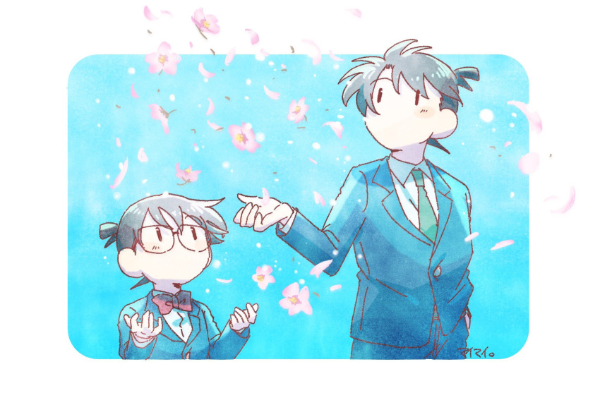 2boys black_eyes blazer blue_suit bow bowtie collared_shirt commentary cropped_legs dual_persona edogawa_conan falling_petals flower glasses hand_in_pocket highres jacket kudou_shin'ichi looking_up maimai4510822 meitantei_conan multiple_boys necktie no_mouth petals red_bow red_bowtie school_uniform shirt suit symbol-only_commentary teitan_high_school_uniform |_|