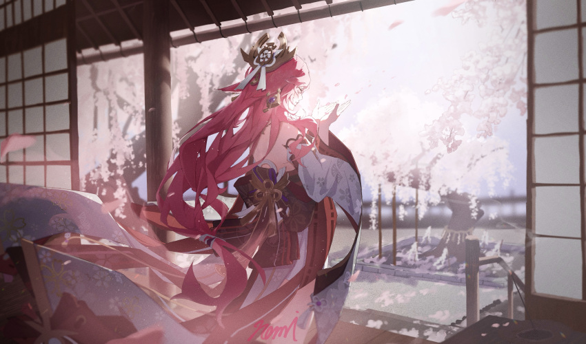 1girl absurdres animal_ear_piercing animal_ears bare_shoulders blurry blurry_background cherry_blossoms closed_mouth detached_sleeves falling_petals floating_clothes floating_hair floral_print fox_ears genshin_impact hair_ornament hands_up highres japanese_clothes long_hair long_sleeves namito_nami obi petals pink_hair rope sash shide shimenawa shouji signature sliding_doors solo very_long_hair yae_miko