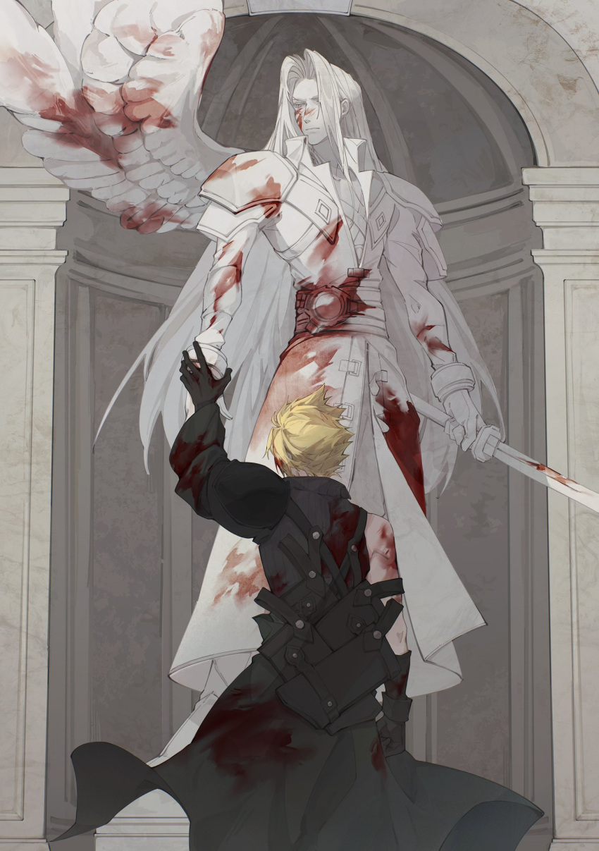 2boys arch arm_up armor asymmetrical_sleeves belt black_gloves black_vest blonde_hair blood blood_on_clothes blood_on_face blood_on_weapon bloody_wings bracer chinese_commentary cloud_strife coat column day facing_away feathered_wings final_fantasy final_fantasy_vii final_fantasy_vii_advent_children gloves highres holding holding_another's_wrist holding_sword holding_weapon katana long_hair male_focus mgt_85363 multiple_belts multiple_boys outdoors pauldrons pillar scabbard sephiroth sheath short_hair shoulder_armor single_pauldron single_wing spiky_hair standing statue sword vest waist_cape weapon wings