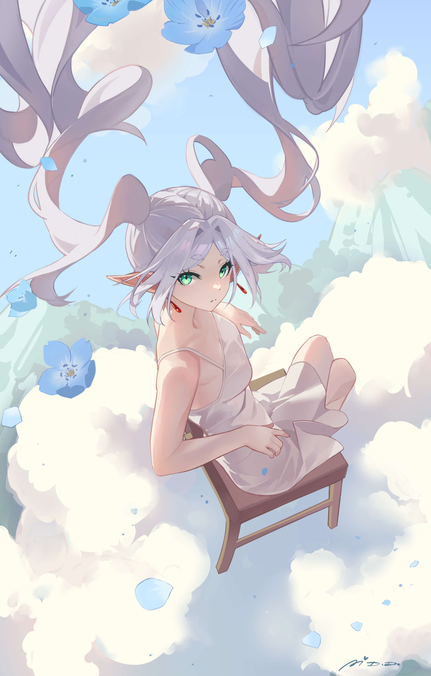 1girl absurdres ai_dongdong bare_shoulders blue_flower blue_sky breasts chair closed_mouth clouds cloudy_sky collarbone crossed_arms dangle_earrings day dress earrings elf flower frieren green_eyes grey_hair highres jewelry long_hair looking_at_viewer medium_breasts mountain outdoors petals pointy_ears sidelocks sitting sky sleeveless sleeveless_dress solo sousou_no_frieren twintails very_long_hair white_dress