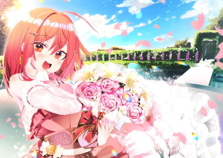 1girl ahoge alternate_costume blue_sky bouquet cherry_blossoms clouds dress earrings flower_request frilled_dress frills gold_earrings hair_ornament hairpin highres holding holding_bouquet hololive hololive_dev_is ichijou_ririka jewelry looking_at_viewer nail_polish open_mouth orange_eyes orange_hair orange_nails pink_dress sky sleeveless sleeveless_dress solo teeth unier upper_teeth_only virtual_youtuber