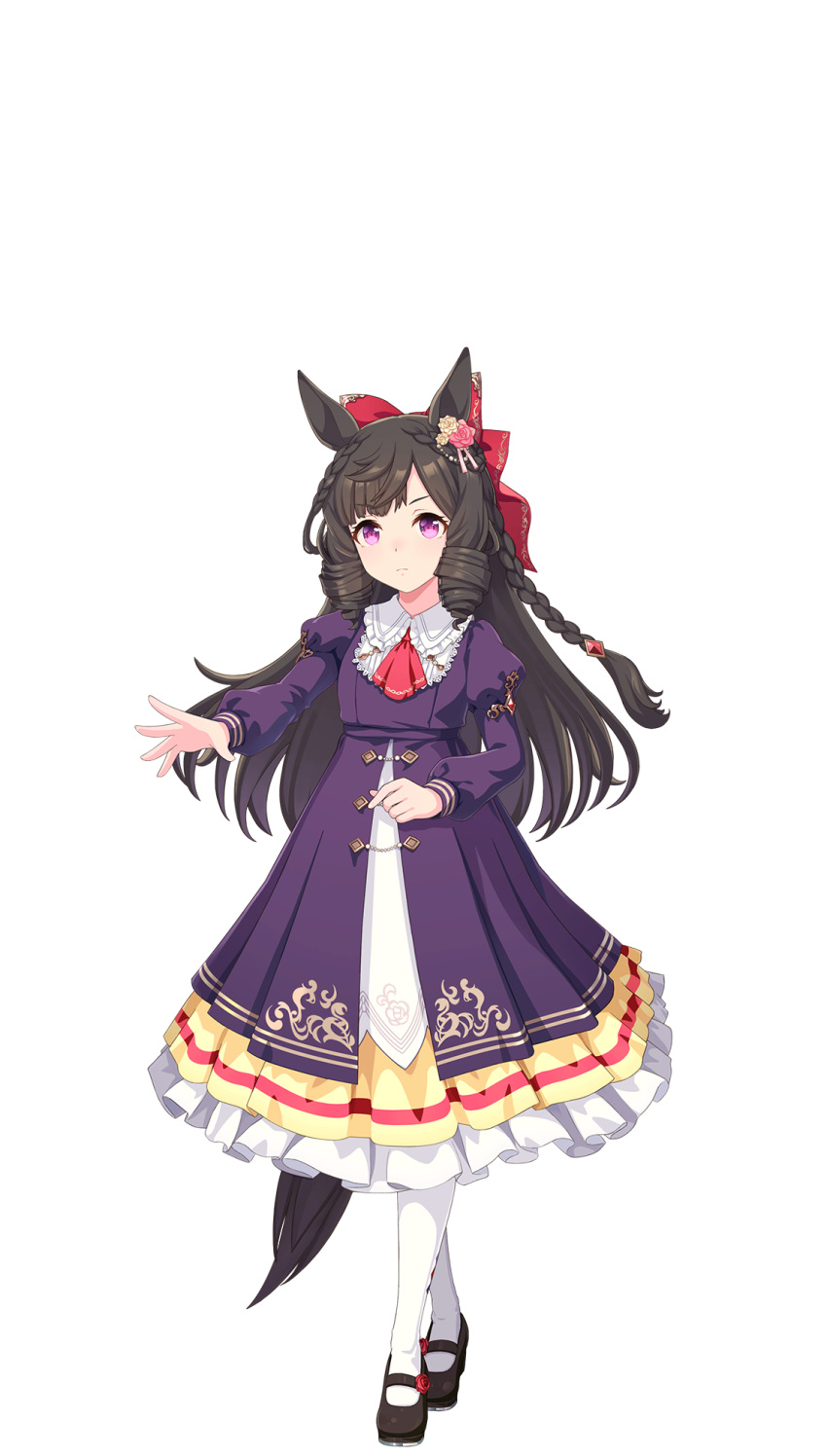 1girl animal_ears ascot bad_link black_footwear bow brown_hair closed_mouth collared_dress daiichi_ruby_(umamusume) dress expressionless full_body game_model hair_bow highres horse_ears horse_girl horse_tail juliet_sleeves lolita_fashion long_hair long_sleeves looking_at_viewer mary_janes own_hands_together pantyhose pink_eyes puffy_sleeves purple_dress red_ascot shoes solo standing tachi-e tail transparent_background umamusume white_pantyhose