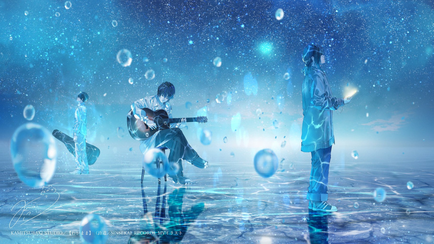 2boys 3boys acoustic_guitar black_hair blue_theme blurry collared_shirt copyright_name depth_of_field electric_guitar fusui guitar guitar_case hat highres holding holding_instrument instrument instrument_case jacket kamitsubaki_studio light_particles long_sleeves male_focus multiple_boys music night night_sky outdoors pants playing_instrument reflection shirt short_hair signature sitting sky standing star_(sky) starry_sky water watermark white_shirt