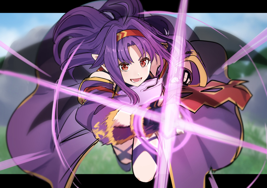 1girl :d absurdres ahoge armor bare_shoulders breastplate fairy_(sao) fingerless_gloves gloves hairband highres long_hair looking_at_viewer lower_teeth_only nemu_(46_2367teimei) open_mouth parted_bangs pointy_ears purple_hair red_eyes red_hairband smile solo sword_art_online teeth yuuki_(sao)