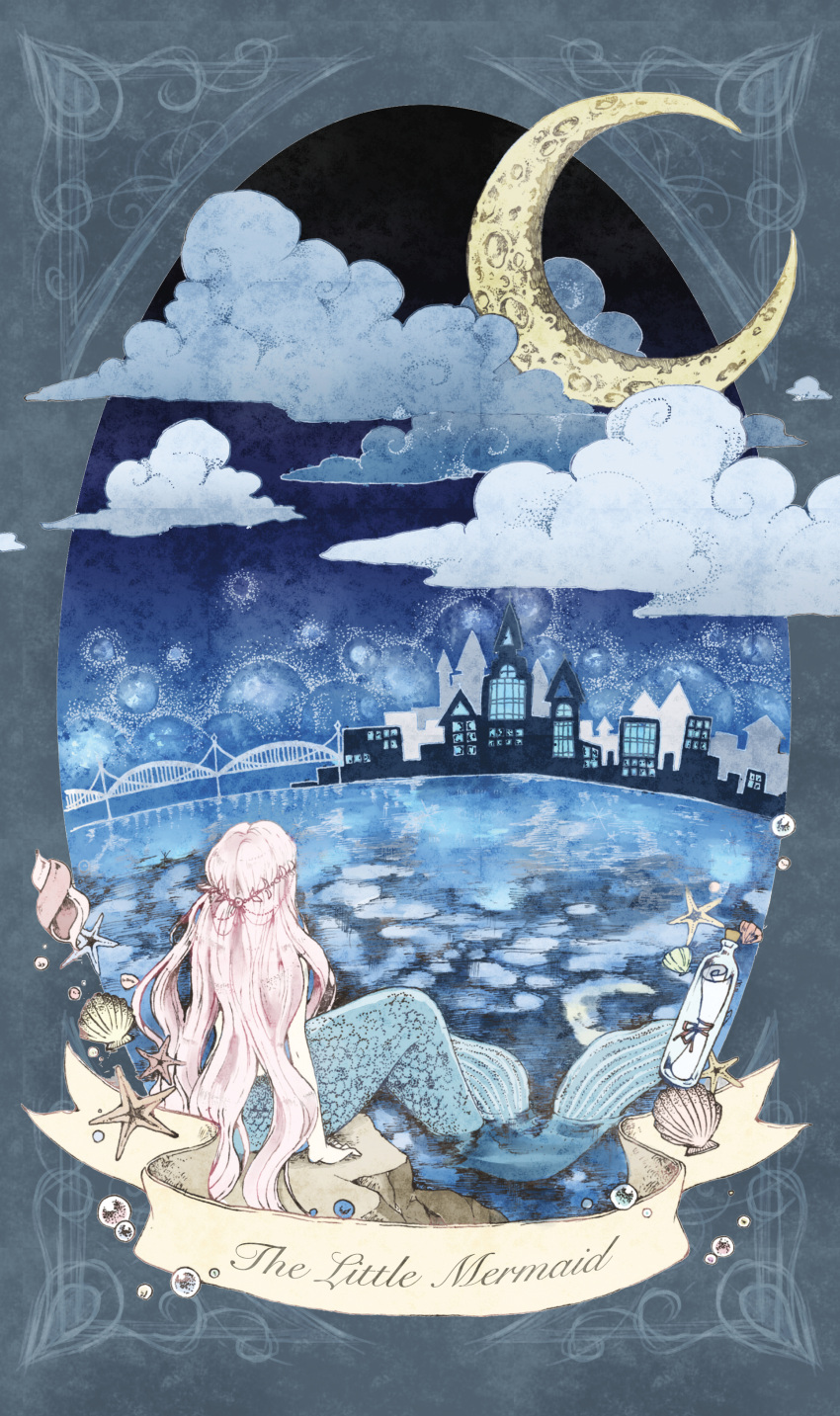 1girl absurdres arm_support bridge bubble clouds cocoroppy crescent_moon facing_away highres long_hair message_in_a_bottle moon night ocean seashell shell sitting skyline solo starfish the_little_mermaid very_long_hair water white_hair