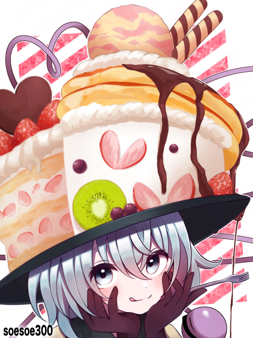 1girl black_gloves blouse bow cake chocolate_cake eyeball food fork frilled_shirt_collar frilled_sleeves frills fruit gloves green_hair hat hat_bow hat_ribbon heart heart_of_string highres holding holding_fork komeiji_koishi ribbon shirt soesoe300 solo third_eye tongue tongue_out touhou twitter_username