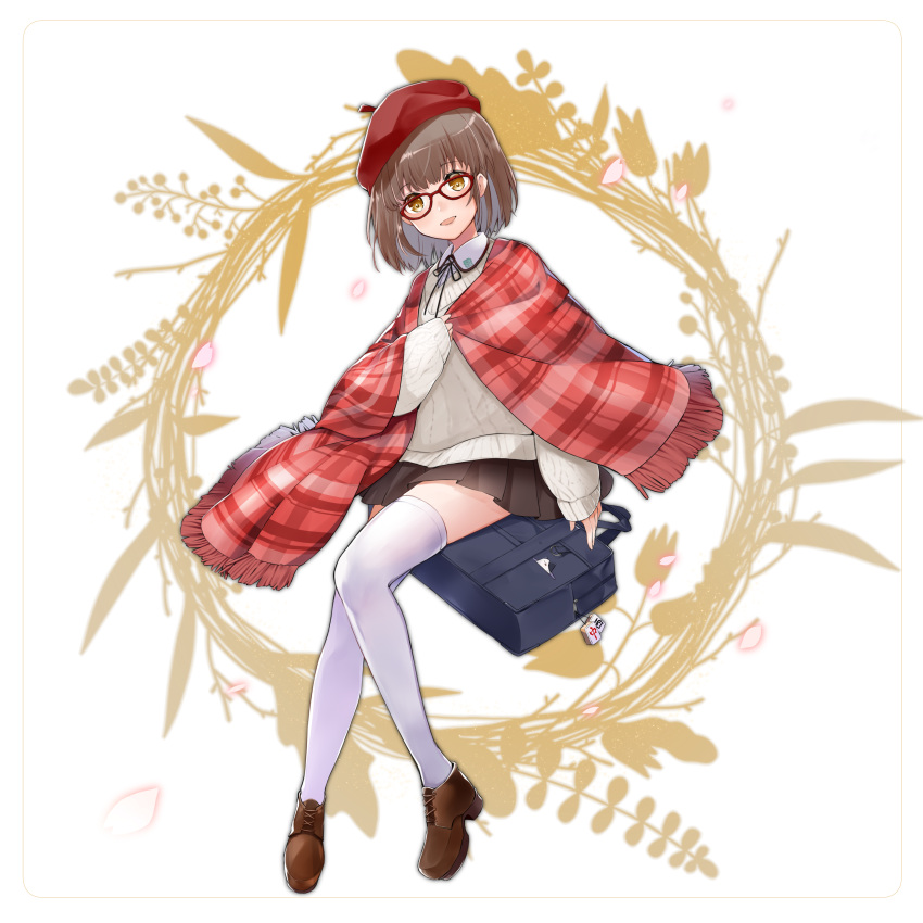 1girl absurdres bag beret black_bag black_ribbon black_skirt brown_footwear brown_hair cable_knit collared_shirt commentary_request flat_chest fringe_trim glasses grey_sweater hat highres invisible_chair kyomu_(kyomu_lwl) long_sleeves looking_at_viewer mahjong_soul mahjong_tile making-of_available medium_bangs miniskirt neck_ribbon ninomiya_hana open_mouth plaid_shawl pleated_skirt red-framed_eyewear red_hat red_shawl ribbon school_bag shawl shirt shoes short_hair sitting skirt smile sweater thigh-highs white_background white_shirt white_thighhighs wreath yellow_eyes