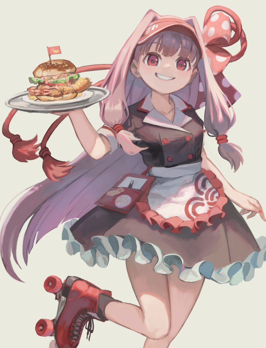 1girl a.i._voice absurdres alternate_costume apron black_dress blunt_ends burger buttons double-breasted dress food foot_out_of_frame grey_background grin hair_ribbon highres holding holding_tray kotonoha_akane kyo_mizusawa long_hair looking_at_viewer low-tied_sidelocks notepad pink_hair polka_dot polka_dot_ribbon red_eyes red_footwear red_ribbon ribbon roller_skates short_sleeves shrimp shrimp_tempura simple_background skates smile solo standing standing_on_one_leg tempura tray visor_cap voiceroid waist_apron waitress white_apron