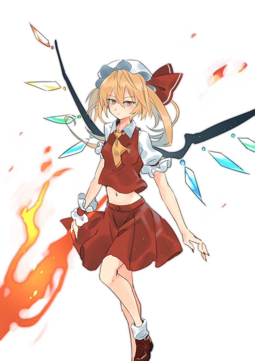 absurdres ascot blonde_hair fire flaming_sword flaming_weapon flandre_scarlet full_body highres kakaricho_dairi mary_janes midriff navel red_eyes red_skirt shoes side_ponytail simple_background skirt touhou white_background white_mob_cap wrist_cuffs yellow_ascot