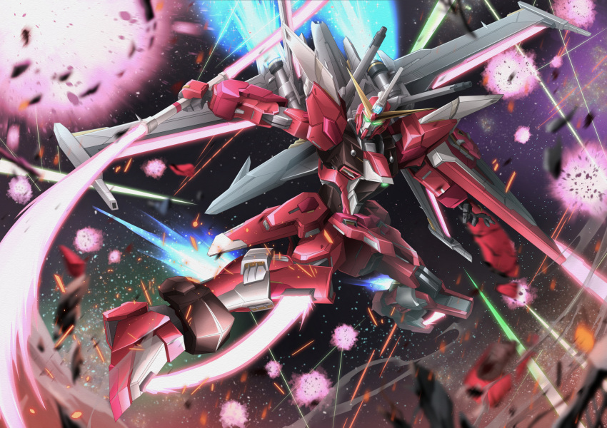 absurdres battle beam_saber commentary double-blade energy_blade energy_sword exhaust explosion gundam gundam_seed gundam_seed_freedom highres holding holding_sword holding_weapon infinite_justice_gundam_type_ii leg_blade light_particles mecha mobile_suit no_humans robot science_fiction solo space star_(sky) sword thrusters troy_(oxaa01ex) v-fin weapon