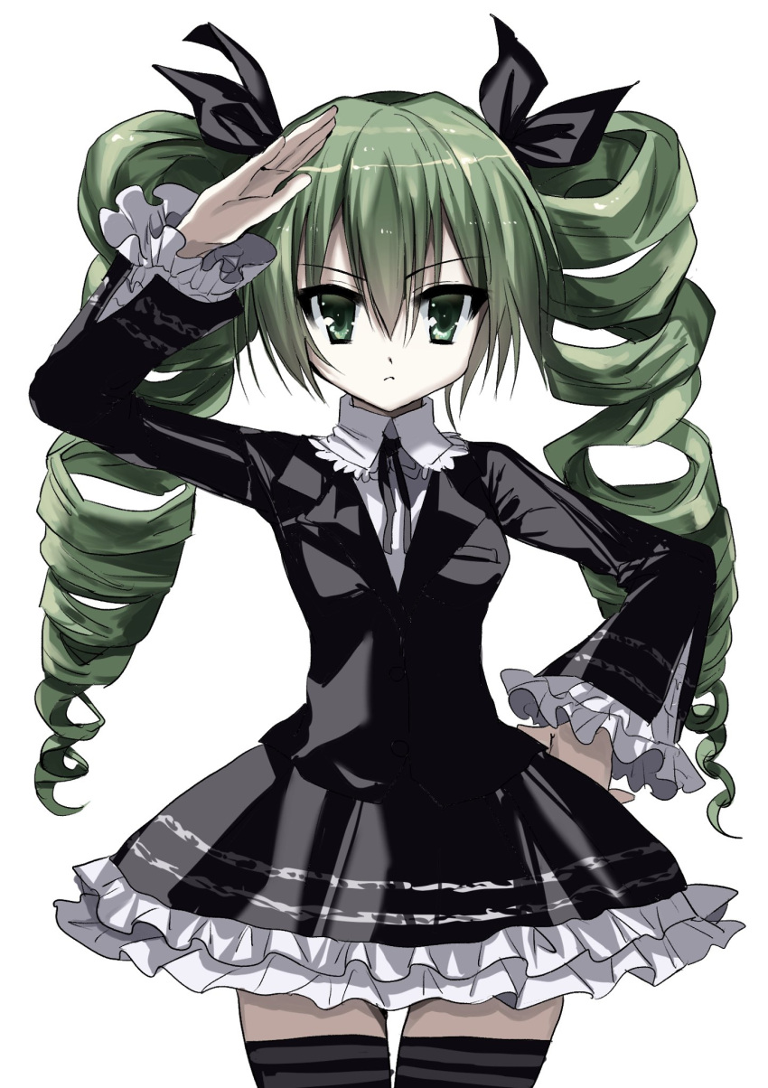 1girl black_dress closed_mouth dark_angel_(module) dress drill_hair frilled_dress frilled_shirt_collar frilled_sleeves frills green_eyes green_hair hair_ribbon hand_on_own_hip hatsune_miku highres himitsu_keisatsu_(vocaloid) kasukasugom1 long_sleeves looking_at_viewer neck_ribbon project_diva_(series) ribbon salute solo thigh-highs twin_drills vocaloid white_background
