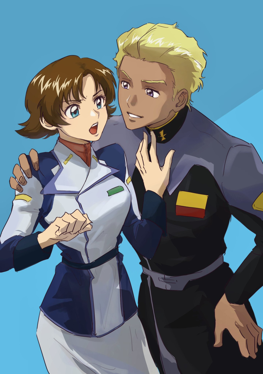 1boy 1girl angel blonde_hair bob_cut brown_hair couple dark-skinned_male dark_skin dearka_elsman gundam gundam_seed gundam_seed_destiny gundam_seed_freedom hands_on_another's_chest hands_on_another's_shoulders hands_on_own_knee hayato59r highres jacket mature_female mature_male military military_jacket military_uniform miriallia_haw open_mouth pale_skin parted_bangs pushing_away short_hair skirt swept_bangs talking uniform zaft_(gundam) zaft_uniform