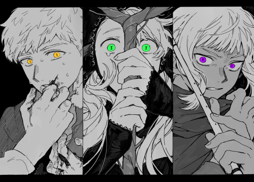 1girl 2boys black_background blood blood_on_hands blood_on_mouth clenched_teeth dark-skinned_male dark_skin detached_hood dungeon_meshi ear_covers flute furrowed_brow green_eyes greyscale hashtag_only_commentary highres holding holding_flute holding_instrument holding_staff instrument laios_thorden long_hair looking_at_viewer marcille_donato marcille_donato_(dungeon_lord) medium_hair monochrome multiple_boys short_hair sidelocks spoilers spot_color staff sweat tearing_up teeth thistle_(dungeon_meshi) v-shaped_eyebrows violet_eyes yellow_eyes zarame_pfpf