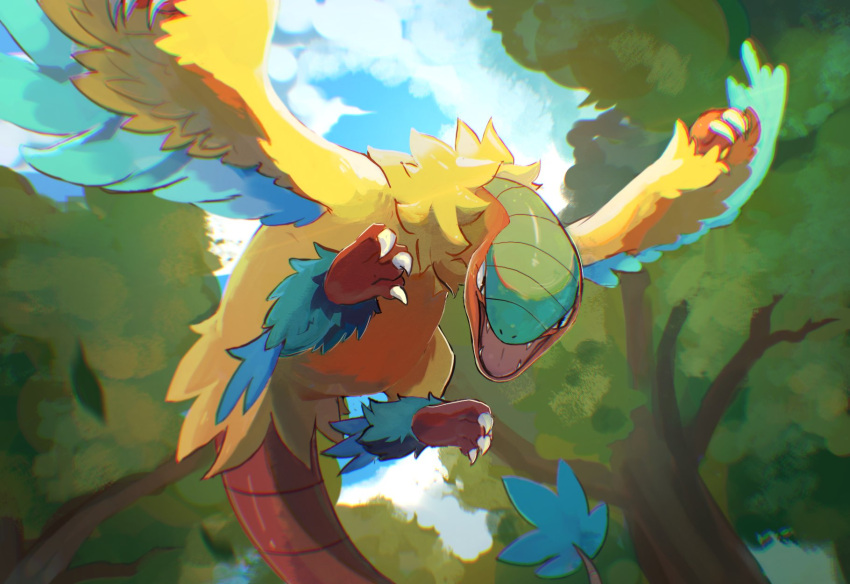 archeops bird blurry blurry_background chufflepop clouds fangs feathered_wings feathers flying from_below highres looking_at_viewer midair outdoors pokemon pokemon_(creature) talons tree wings yellow_feathers