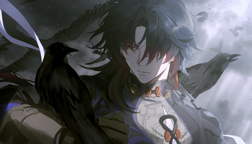 1boy animal animal_on_arm animal_on_shoulder bandaged_chest bird bird_on_arm bird_on_shoulder black_coat black_gloves black_sleeves blade_(honkai:_star_rail) chinese_clothes closed_mouth coat commentary_request crow earrings gloves hair_over_one_eye highres honkai:_star_rail honkai_(series) jewelry light_rays long_hair long_sleeves looking_at_animal looking_at_another male_focus parted_bangs red_eyes sunlight upper_body zassyoku_dd