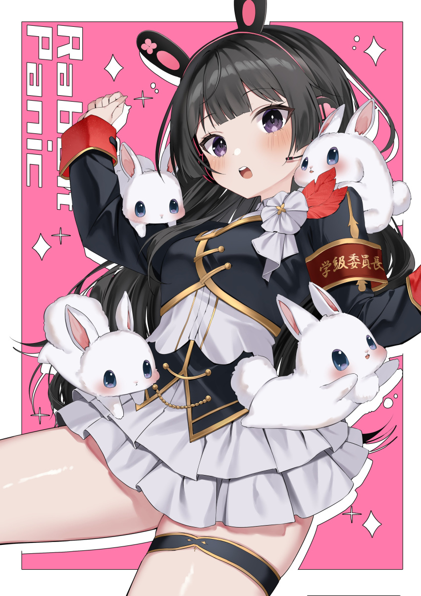 1girl :d absurdres animal_ear_headphones animal_ears armband black_hair black_jacket blush border clenched_hand cowboy_shot dark_skin fake_animal_ears hand_up headphones highres ia_1928 jacket legs_apart long_hair long_sleeves looking_at_viewer miniskirt nijisanji open_mouth outline pink_background pleated_skirt rabbit rabbit_ear_headphones rabbit_on_shoulder red_armband sidelocks simple_background skirt sleeve_cuffs smile solo straight_hair teeth thigh_strap tsukino_mito upper_teeth_only violet_eyes virtual_youtuber white_border white_outline white_skirt