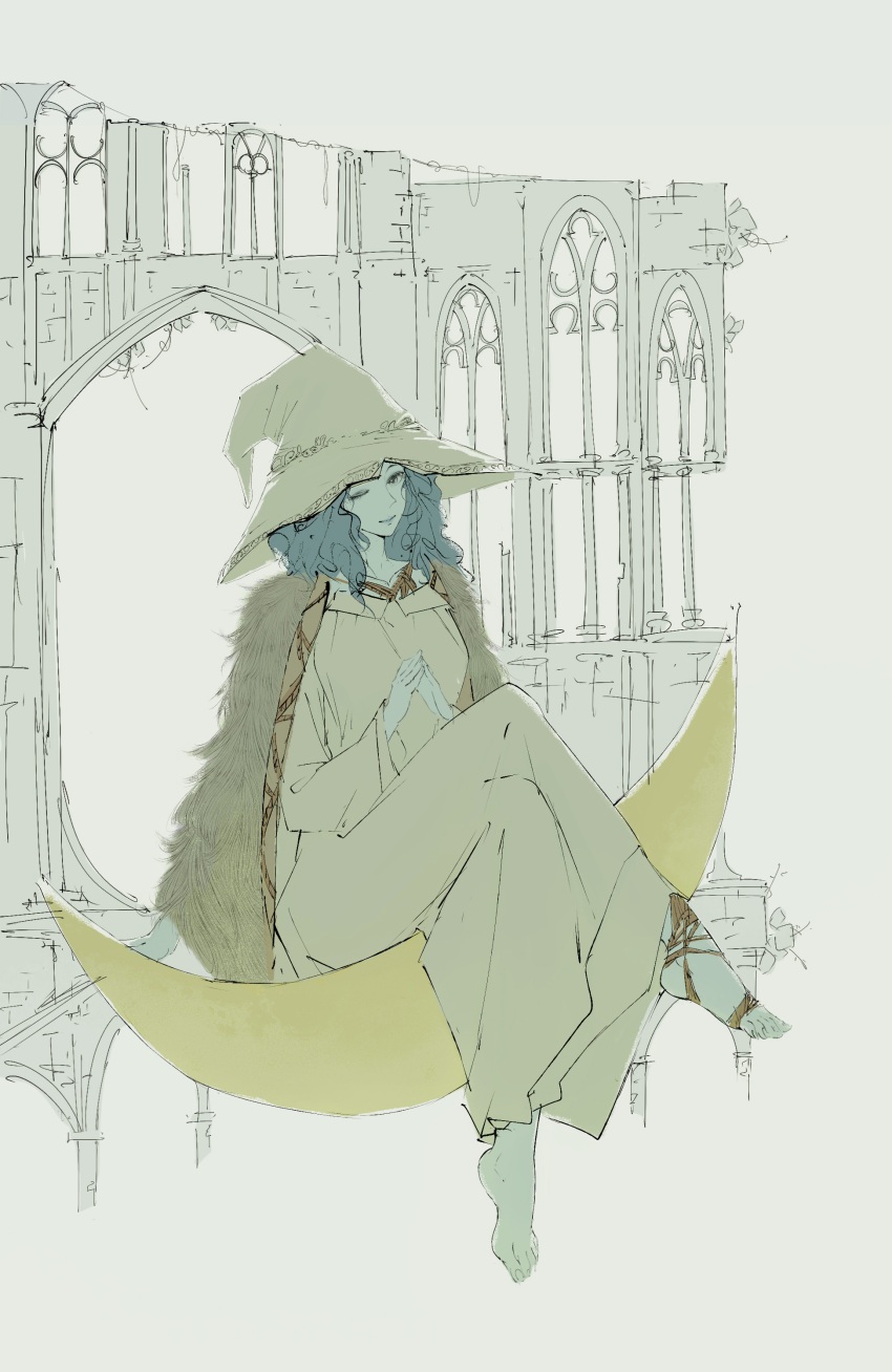 1girl absurdres arch barefoot blue_eyes blue_hair cloak closed_eyes closed_mouth crescent dress elden_ring extra_arms feet full_body fur_cloak hat highres long_hair looking_at_viewer nao_tou_di_guan one_eye_closed own_hands_together ranni_the_witch sitting sketch smile solo toes white_dress witch witch_hat