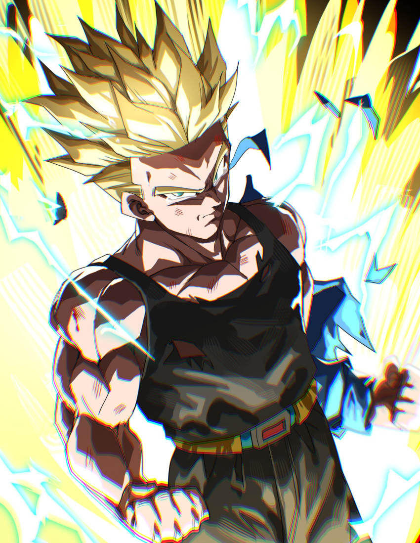 aura bare_shoulders black_pants black_tank_top blonde_hair clenched_hands commentary_request cowboy_shot dragon_ball dragon_ball_z electricity green_eyes highres jacket looking_at_viewer muscular muscular_male pants scene_reference serious short_hair spiky_hair super_saiyan super_saiyan_2 tank_top tears tkht_9315 torn_clothes torn_jacket torn_tank_top trunks_(dragon_ball) trunks_(future)_(dragon_ball)
