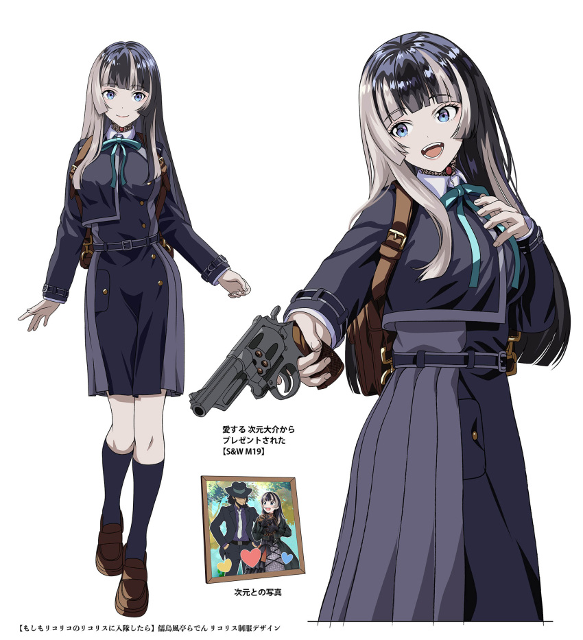 1boy 1girl backpack bag black_hair blue_eyes blunt_bangs breasts commentary_request contrapposto cowboy_shot full_body gun hand_on_own_chest highres holding holding_gun holding_weapon hololive hololive_dev_is jigen_daisuke juufuutei_raden konbanwa01 light_blush long_hair lupin_iii lycoris_recoil lycoris_uniform medium_breasts multicolored_hair multiple_views open_mouth picture_frame pointing_gun revolver smile smith_&amp;_wesson_model_19 streaked_hair virtual_youtuber weapon