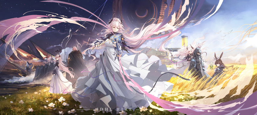 1boy 1other 6+girls absurdres amiya_(arknights) animal_ears arknights army artist_name bare_shoulders belt belt_buckle bird black_capelet blue_eyes bow_(music) buckle capelet cinders civilight_eterna closed_eyes clouds crown day doctor_(arknights) dress expressionless fire floating floating_object flower flower_request full_body glowing glowing_eyes green_dress green_eyes hands_on_another's_shoulders highres holding holding_instrument holding_violin hood hood_up horns instrument jewelry jueduihuoli kal'tsit_(arknights) long_hair looking_back multiple_girls multiple_persona multiple_rings music night orange_eyes originium_(arknights) parted_lips partially_shaded_face pink_eyes pink_hair playing_instrument priestess_(arknights) rabbit_ears rhodes_island_landship ring short_hair silhouette sky smile smoke star_(sky) starry_sky theresa_(arknights) theresis_(arknights) violin wheat_field white_dress white_hair wind wind_lift