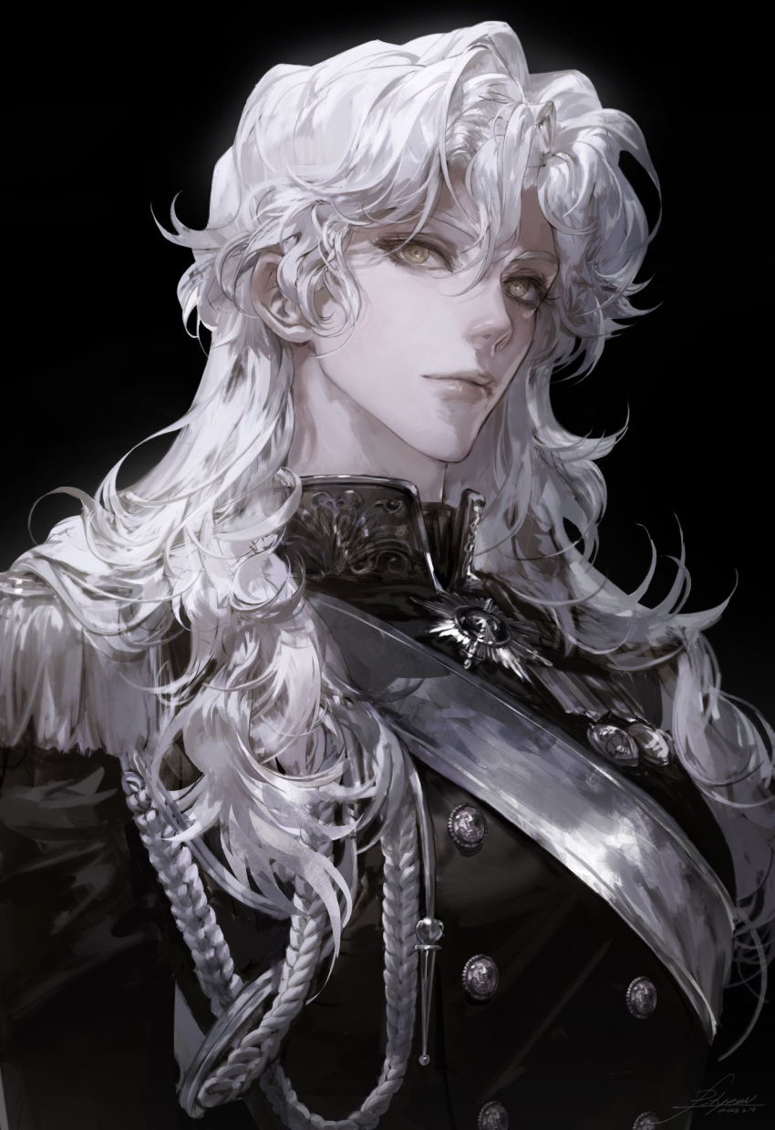 1girl aiguillette black_background black_jacket buttons collared_jacket double-breasted epaulettes expressionless from_side highres jacket looking_at_viewer medium_hair original realistic signature simple_background solo upper_body vlfdus_0 wavy_hair white_hair yellow_eyes