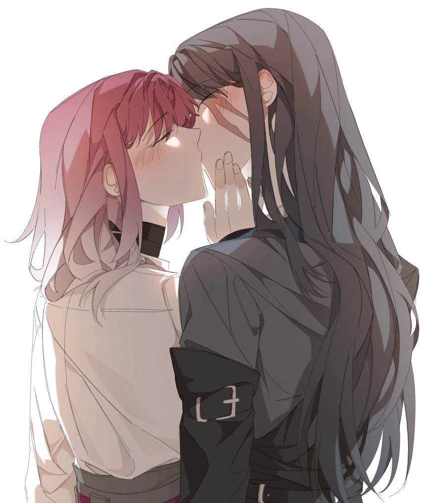 2girls absurdres black_coat black_hair blush closed_eyes coat ear_blush from_behind gradient_hair hand_on_another's_face highres illusion_moon kiss multicolored_hair multiple_girls path_to_nowhere pink_hair rahu_(path_to_nowhere) scar scar_across_eye shalom_(path_to_nowhere) shirt simple_background upper_body white_background white_shirt yuri