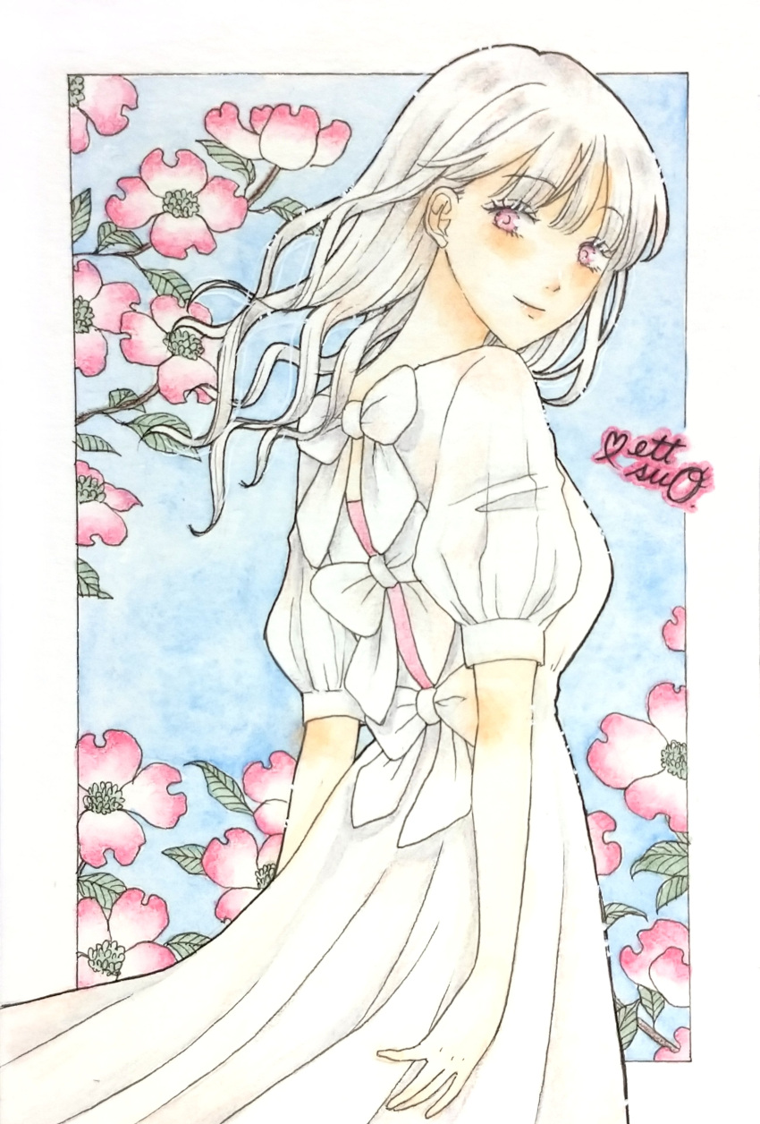 1girl absurdres back_bow bow branch dogwood_(flower) dress flower from_side highres long_hair looking_at_viewer mettsuo original outside_border painting_(medium) pink_eyes puffy_sleeves signature solo traditional_media watercolor_(medium) white_background white_bow white_dress white_hair