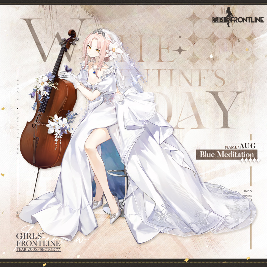 1girl 2024 aug_(blue_meditation)_(girls'_frontline) aug_(girls'_frontline) bare_legs blue_gemstone breasts bridal_veil cello character_name commentary copyright_name dress english_commentary english_text flower flower_request full_body gem girls_frontline gloves hair_flower hair_ornament high_heels highres instrument jewelry looking_at_viewer medium_breasts medium_hair mole mole_under_eye necklace no_socks official_alternate_costume official_art parted_bangs parted_lips pearl_necklace puffy_short_sleeves puffy_sleeves ring samail second-party_source short_sleeves simple_background sitting solo stool tiara two-sided_dress two-sided_fabric veil wedding_dress white_day white_dress white_flower white_footwear white_gloves white_hair yellow_eyes