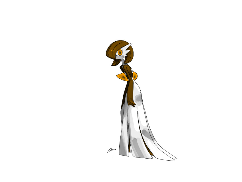1girl alternate_color alternate_shiny_pokemon ame_(metorui) arm_at_side artist_name bob_cut brown_hair colored_skin commentary flat_chest from_behind full_body gardevoir hair_over_one_eye highres leaning_forward looking_back multicolored_skin negative_space one_eye_covered orange_eyes pokemon pokemon_(creature) short_hair signature simple_background solo standing two-tone_skin white_background white_skin