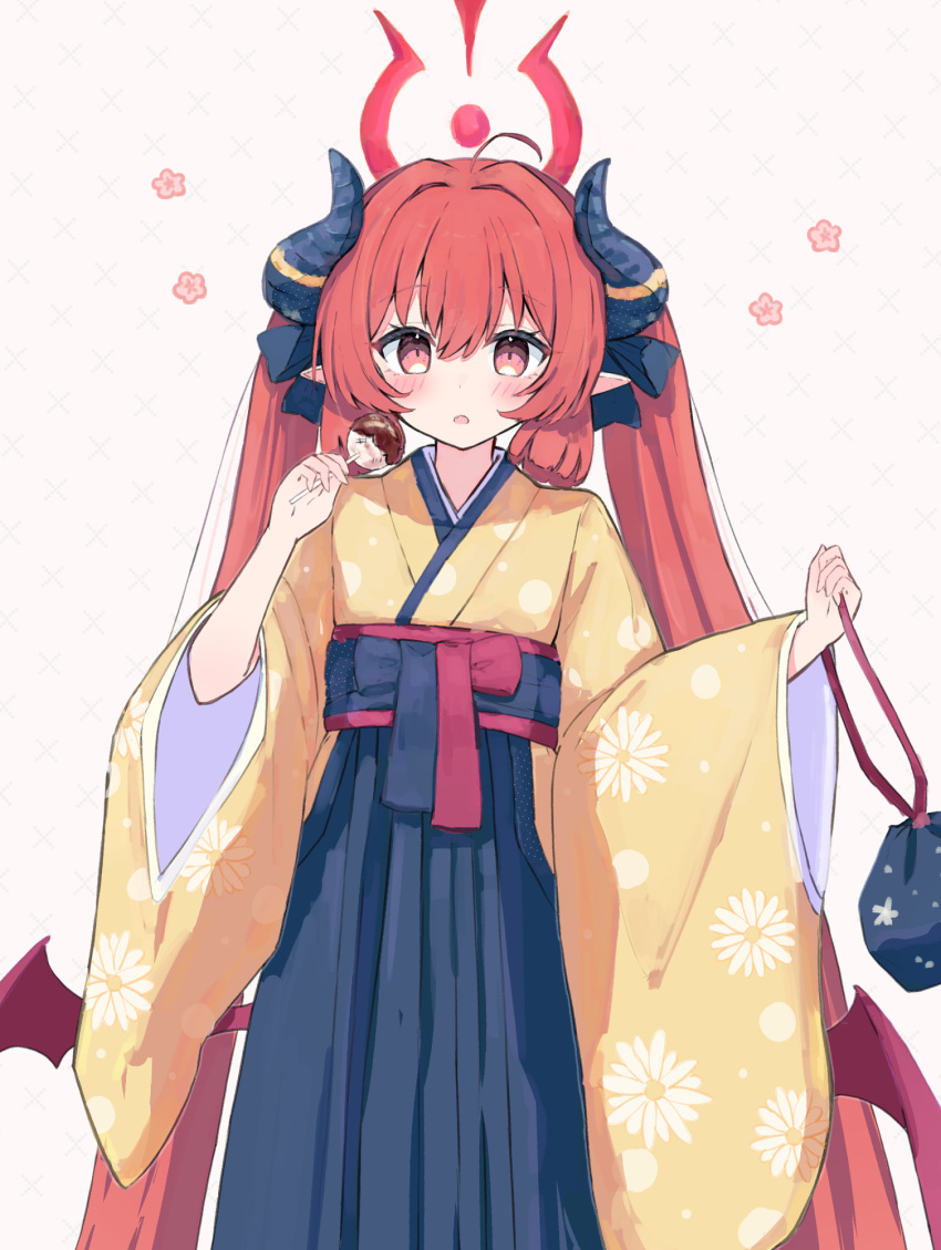 1girl ahoge black_hakama blue_archive blush demon_wings food hakama halo highres holding holding_food japanese_clothes junko_(blue_archive) junko_(new_year)_(blue_archive) kimono long_hair long_sleeves official_alternate_costume open_mouth pointy_ears red_eyes red_halo red_wings redhead sateto_(user_knrf2332) solo wide_sleeves wings yellow_kimono